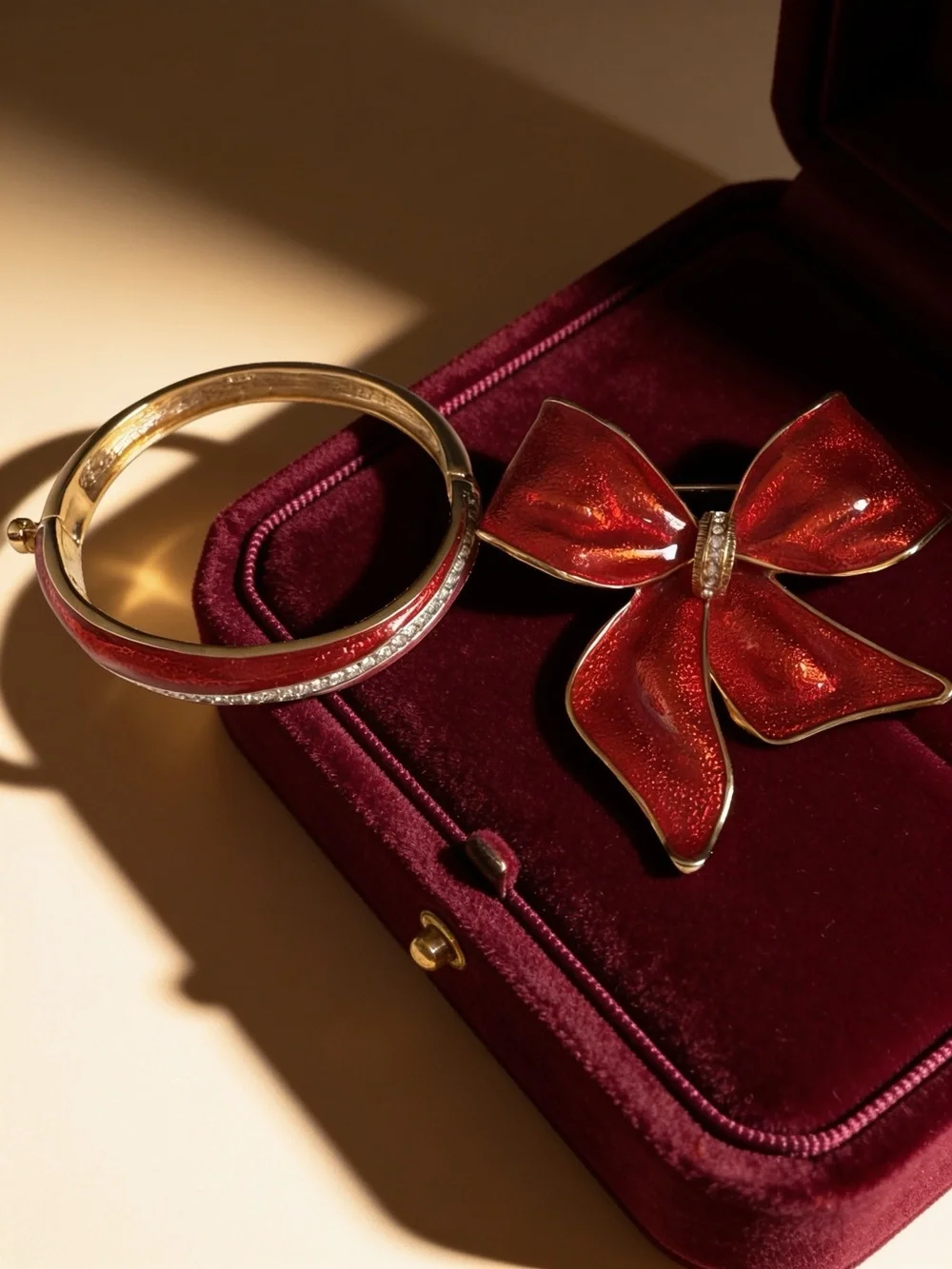 Red Enamel Bow Brooch and Matching Bangle Set